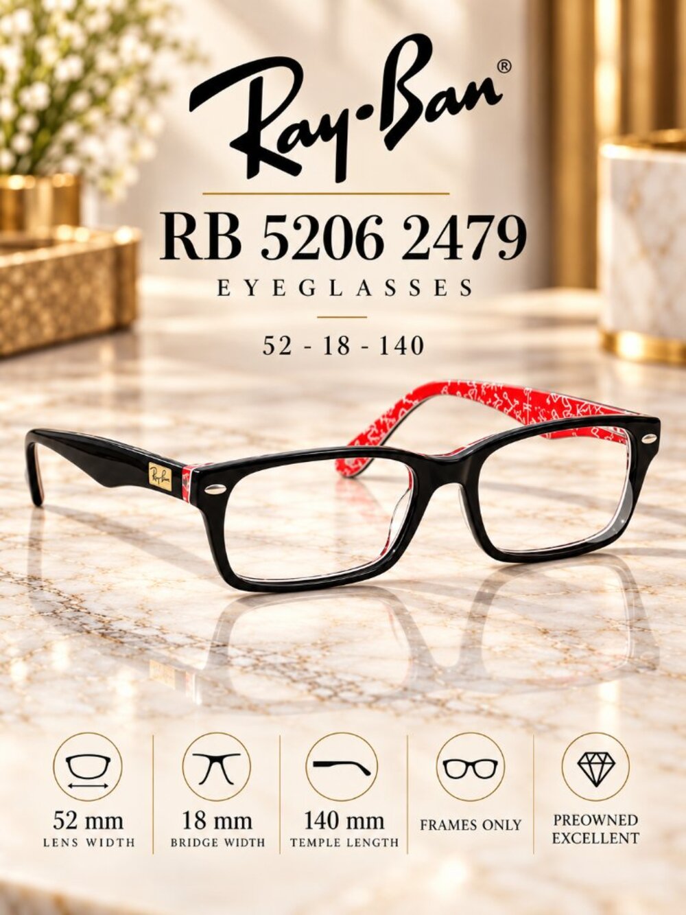 Ray-Ban RB 5206 2479 Black Red Eyeglasses 52-18-140 Signature Print Frames